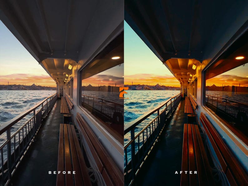 May include: A ferry boat interior with wooden benches and a metal railing, offering a view of the water and a sunset. The image is split, with "BEFORE" and "AFTER" text, showcasing a photo edit. The sky transitions from blue to orange.
