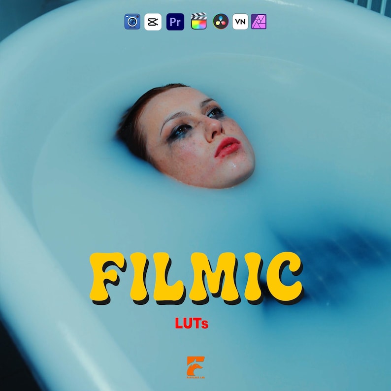 Peut inclure: Un visage de femme &eacute;merge de l'eau bleue dans une baignoire. Le mot "FILMIC" en jaune, soulign&eacute; de noir, est affich&eacute; en grandes lettres. En dessous, le mot "LUTS" est en rouge. L'image a un th&egrave;me cin&eacute;matographique.