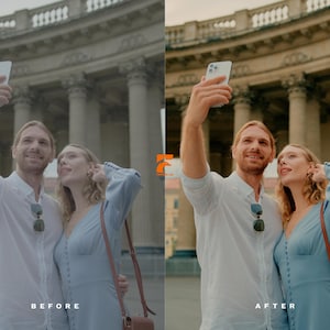 May include: A couple taking a selfie with a smartphone in front of a large building with columns. The man is wearing a white shirt, and the woman is wearing a light blue dress. The image is a before and after photo.