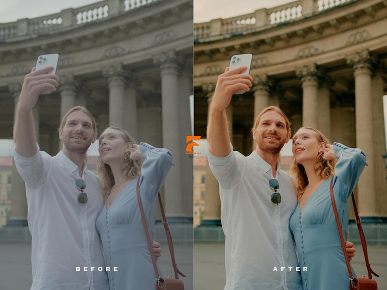 May include: A couple taking a selfie with a smartphone in front of a large building with columns. The man is wearing a white shirt, and the woman is wearing a light blue dress. The image is a before and after photo.