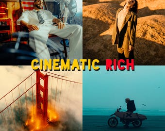 May include: A promotional image featuring four lifestyle photos. The top left shows a man in white clothing. The top right shows a person in a blazer. The bottom left shows the Golden Gate Bridge. The bottom right shows a person on a motorcycle. Text reads "Lightroom Presets MOBILE & DESKTOP" and "CINEMATIC RICH."
