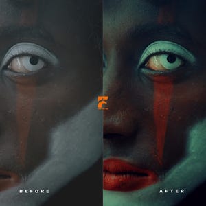 May include: A close-up of a face with dramatic makeup. The skin is dark, with white around the eyes and red streaks. The lips are red. The image is split, with "BEFORE" on the left and "AFTER" on the right.
