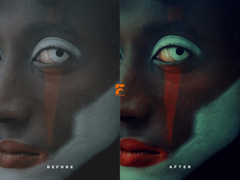 May include: A close-up of a face with dramatic makeup. The skin is dark, with white around the eyes and red streaks. The lips are red. The image is split, with "BEFORE" on the left and "AFTER" on the right.