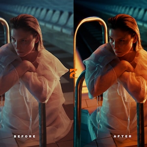 May include: A before and after image comparison. The images show a person in a white garment, leaning on a metal pool handrail. The "before" image has a cooler color palette, while the "after" image has warmer tones.