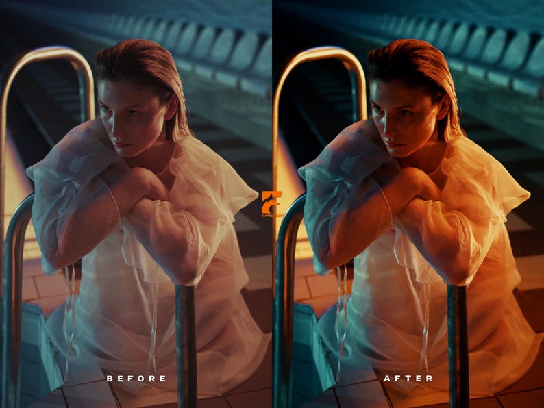 May include: A before and after image comparison. The images show a person in a white garment, leaning on a metal pool handrail. The "before" image has a cooler color palette, while the "after" image has warmer tones.