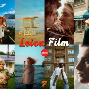 May include: A collage of lifestyle photographs with a vintage aesthetic. The images include a woman in a white dress, a lifeguard stand, a couple, a person in a green jacket, a person holding groceries, and two people leaning back-to-back. The text "Leica Film" is displayed.
