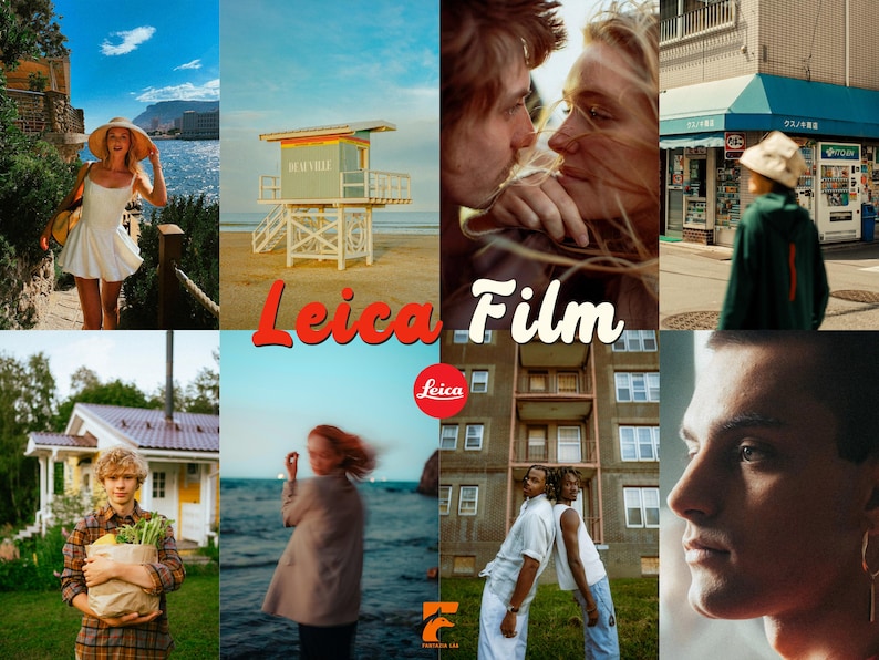 May include: A collage of lifestyle photographs with a vintage aesthetic. The images include a woman in a white dress, a lifeguard stand, a couple, a person in a green jacket, a person holding groceries, and two people leaning back-to-back. The text "Leica Film" is displayed.