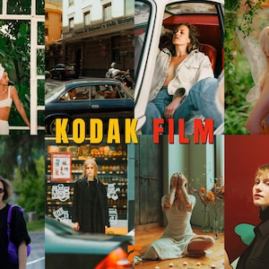 May include: A collage of lifestyle images featuring women in various settings. Scenes include a woman in a car, a woman with fairy wings, and a woman in a white outfit. The text "KODAK FILM" is prominently displayed in yellow and red.