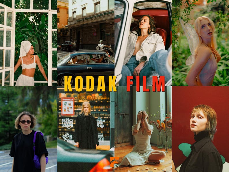 May include: A collage of lifestyle images featuring women in various settings. Scenes include a woman in a car, a woman with fairy wings, and a woman in a white outfit. The text "KODAK FILM" is prominently displayed in yellow and red.
