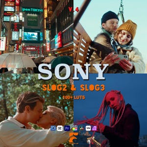 May include: A promotional image featuring the brand name "SONY" in large white letters. The image is divided into four sections, showcasing various scenes and people. Text includes "SLOG2 & SLOG3" and "400+ LUTS", along with editing software logos.