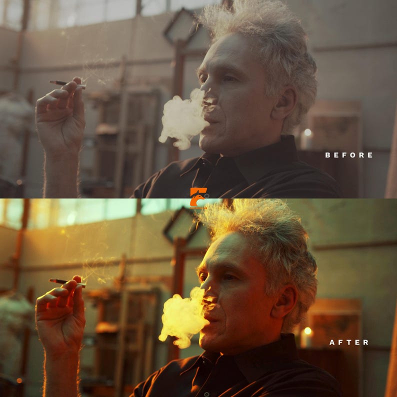 May include: A split-screen image shows a man smoking a cigarette. The top half is labeled "BEFORE," and the bottom half is labeled "AFTER." The man is wearing a dark shirt, and smoke is billowing from his mouth. The image has a warm, golden hue.