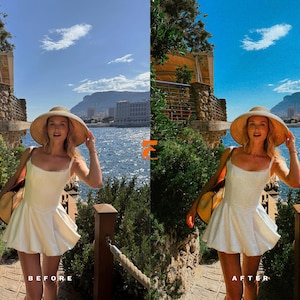 May include: A woman wearing a white dress and a wide-brimmed straw hat stands on a stone walkway with a view of the ocean and buildings. The image is split, with "BEFORE" text on the left and "AFTER" text on the right, showing a photo edit.