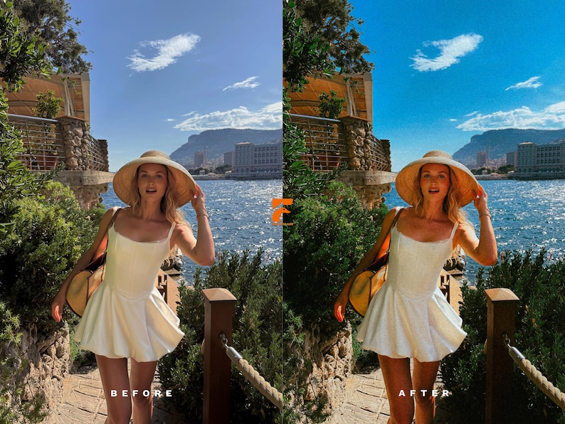 May include: A woman wearing a white dress and a wide-brimmed straw hat stands on a stone walkway with a view of the ocean and buildings. The image is split, with "BEFORE" text on the left and "AFTER" text on the right, showing a photo edit.