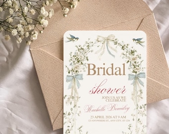 Brautparty-Einladung des blauen Vogels, Blumengarten-Hochzeit, Kokette, bearbeitbare Canva-Vorlage (digitaler Download)