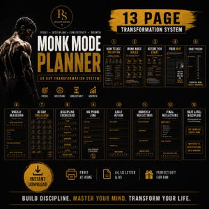 Planificador de 30 días en modo monje / Desintoxicación de dopamina, disciplina, sistema de trabajo profundo (descarga en PDF)