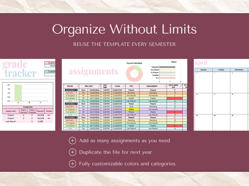 Assignment Tracker Spreadsheet Student Planner Google Sheets School ...
