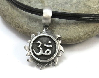 Om Pendant Necklace with Leather Cord, Om Sun Jewelry