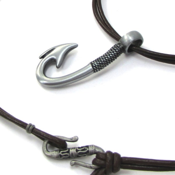 Fishing Gifts for Men, Fish Hook Necklace with Leather Cord