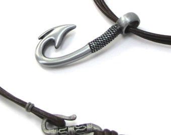 Fishing Gifts for Men, Fish Hook Necklace with Leather Cord