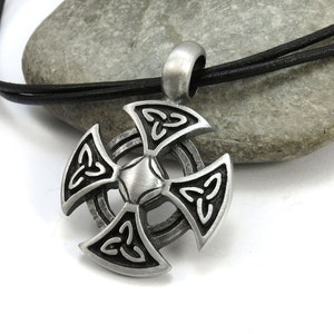Celtic Cross Necklace, Celtic Knotwork Jewelry - Mens Leather Jewelry, Silver Celtic Knot Pendant, Custom Cord