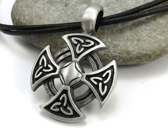 Celtic Cross Necklace, Celtic Knotwork Jewelry - Mens Leather Jewelry, Silver Celtic Knot Pendant, Custom Cord