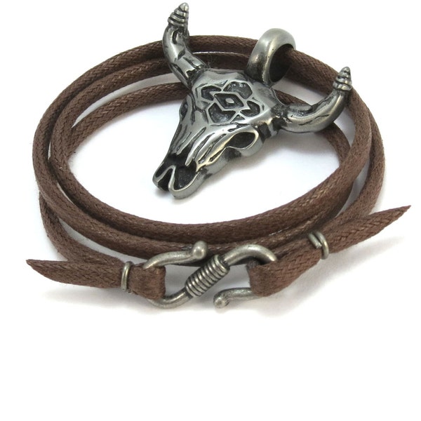 Southwestern Necklace, Bull Skull Necklace - Mens Skull Jewelry - Cowboy Necklace, Brown Cord - Bull Skull Pendant