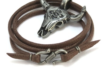 Southwestern Necklace, Bull Skull Necklace - Mens Skull Jewelry - Cowboy Necklace, Brown Cord - Bull Skull Pendant