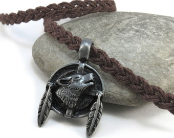 Howling Wolf Necklace,  Native Wolf Totem Pendant with Custom Hemp Cord, Woodland Wolves Jewelry