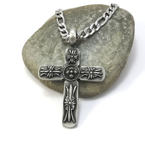 Men&#39;s Large Cross Necklace, Christian Jewelry - Cross Pendant w/ Bulky Stainless Steel Figaro Chain