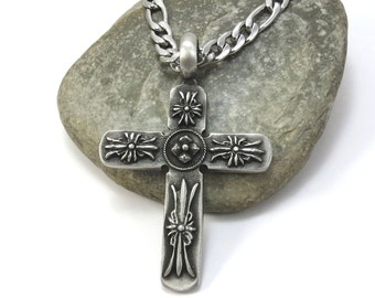 Men's Large Cross Necklace, Christian Jewelry - Cross Pendant w/ Bulky Stainless Steel Figaro Chain