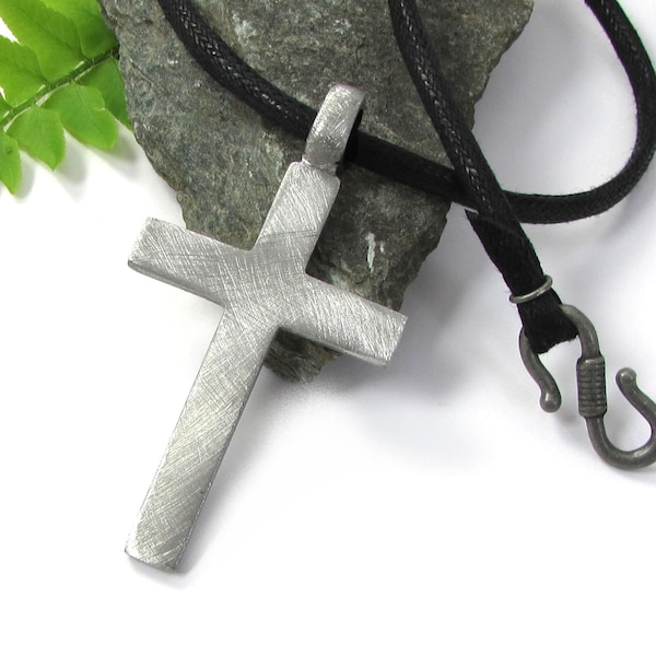 Large Men's Cross Necklace, Christian Jewelry - Rustic Cross Pendant with Custom Cord, Big Cross Pedant