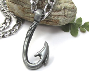 Devil's tale fish hook necklace - Men's Fishhook pendant - Stainless Steel Figaro chain, men's jewelry