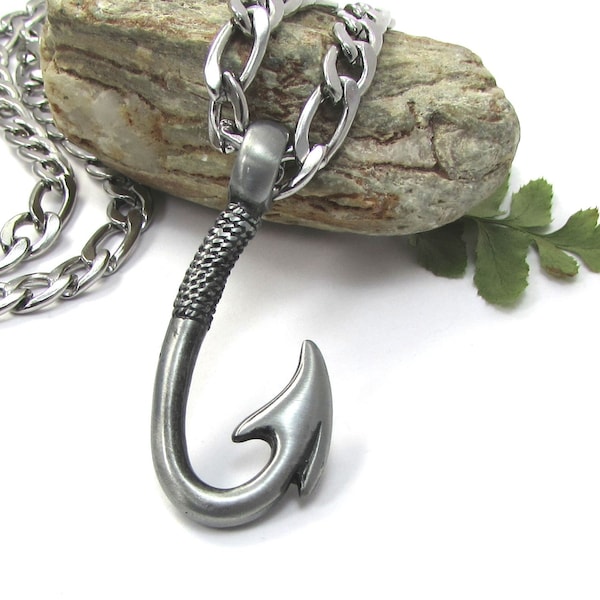 Devil's tale fish hook necklace - Men's Fishhook pendant - Stainless Steel Figaro chain, men's jewelry