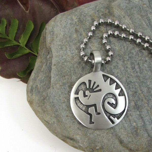 Kokopelli Necklace, Fertility and Luck Pendant, Native American Flute Player with Stainless Steel Ball Chain Necklace