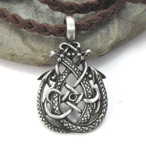 Celtic Knot Dragon Pendant with Custom Hemp Cord Necklace, Earth-tone Colors. Dragon Pair Knotwork Jewelry