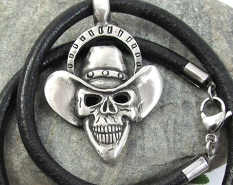 Large Cowboy Skull Necklace, Western Skull Pendant with Thick Leather Cord