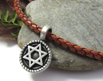 Star of David Necklace, Thick Braided Leather Cord Necklace, Men's Star of David Pendant