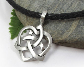 Trinity Knot Heart Necklace, Celtic Knotwork Pendant with Vegan Faux Leather Cord, Animal-Friendly Cross Jewelry