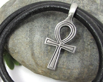Ankh Necklace, Egyptian Ankh Pendant with Thick Leather Cord