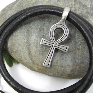 Ankh Necklace, Egyptian Ankh Pendant with Thick Leather Cord