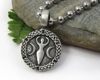 Goddess Necklace, Triple Moon Goddess Pendant with Large Stainless Steel Ball Chain