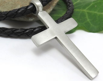 Cross Necklace, Large Cross Pendant w/ Leather Cord - Modern Minimalist Silver Cross Jewelry, Men's Jewelry with Custom Leather Cord