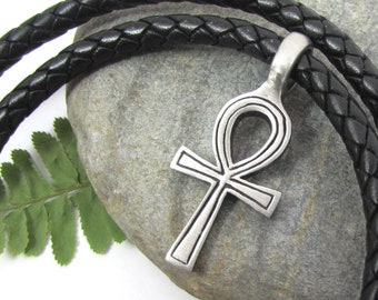 Ankh Necklace, Egyptian Ankh Jewelry with Thick Leather Cord