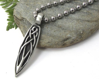 Large Celtic Knot Spear Pendant with Bulky Stainless Steel Ball Chain Necklace, Celtic Knotwork Jewelry