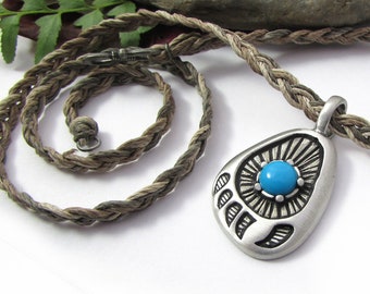 Silver Paw Print Necklace with Hemp Cord, Boho and Hippie Jewelry, Native Bear Footprint with Blue Stone Accent