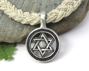Star of David Necklace with Thick Hemp Cord, Silver Star of David Pendant - Natural Earth Tone Colors Hemp Necklace