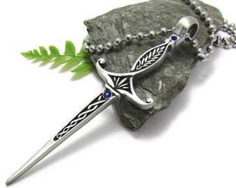 Large Celtic Knot Sword Necklace - Red, Blue Stone with Steel Chain - Elven Sword Pendant - Celtic Jewelry