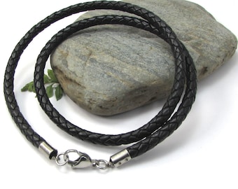 Braided Leather Cord Necklace, Thick Leather, Stainless Steel Clasp