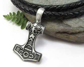 Thors Hammer Pendant, Viking Mjolnir Hammer Necklace with Thick Leather Cord