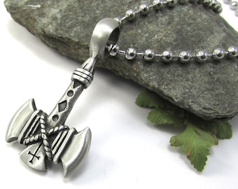 Pewter Battle Axe Necklace – Stainless Steel Ball Chain, Mens Jewelry